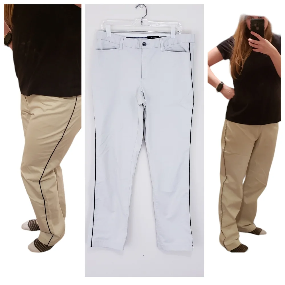 Lands End Khaki Chino Pants Size 12 Navy Blue Side Stripe Slim Leg Straight L